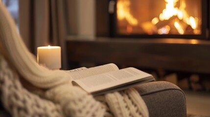 Obraz premium A cozy reading nook is made even more inviting with a modern fireplace its remotecontrolled flame providing a comforting glow. 2d flat cartoon.