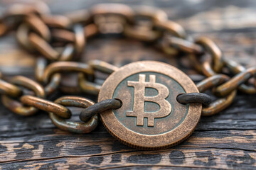 Bitcoin Coin Secured with Rusty Chains on Wooden Surface