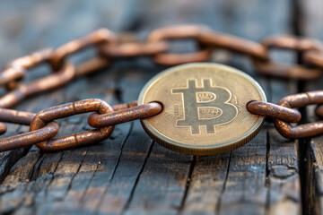 Bitcoin Coin Secured with Rusty Chains on Wooden Surface