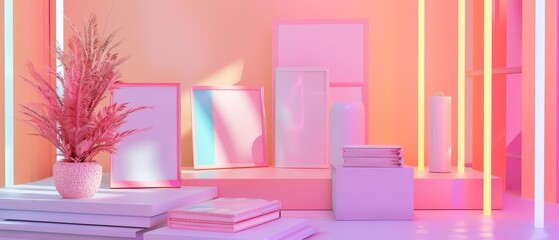 International Womens Day features empowering books and artwork by female artists, arranged thoughtfully on a minimalist stage with soft neon accents, product display background