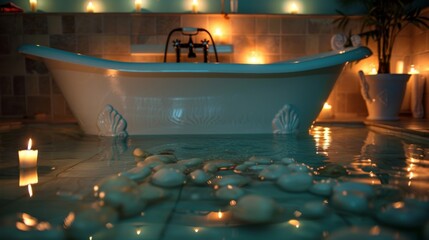 A clawfoot tub surrounded by an array of candles casting a soft light on the walls and reflecting off the water. The gentle sound of music can be heard in the background 2d flat cartoon.