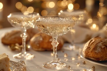 Champagne glasses filled with bubbly sit beside slices of crusty bread on a wooden table.