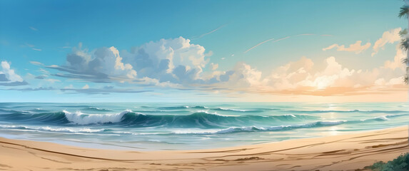 Obraz premium A picturesque beach scene with waves crashing onto the shore under a vast sky, evoking peaceful solitude and natural serenity