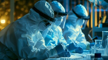Scientists in protective gear carefully study pathogen samples, their focus intense in a stateoftheart containment facility, Sharpen close up hitech concept with blur background