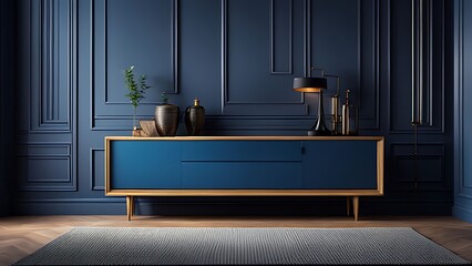 Living room with cabinet for tv on dark blue color wall background 