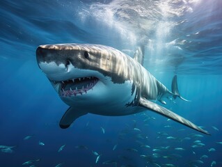Massive great white shark swimming in deep blue ocean