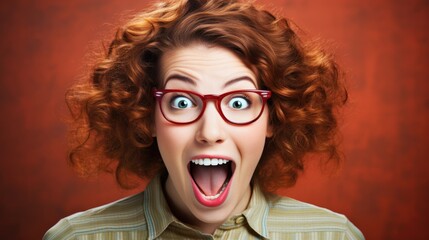 Surprised and excited woman with curly red hair and glasses