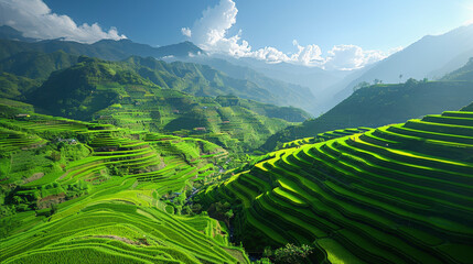 Lush green terraced rice fields cascade down a mountainside under a bright sky dotted with clouds, showcasing an example of agricultural ingenuity and natural beauty.