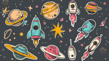 Seamless vector pattern with cartoon rockets, planets, and stars for space-themed projects