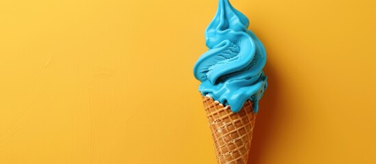 Representation of summer concept shown by a waffle cone holding blue melting ice cream on a yellow...