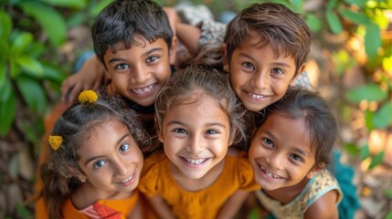 Fototapeta premium Group of Happy Indian Children Smiling Joyfully in a Circle Outdoors