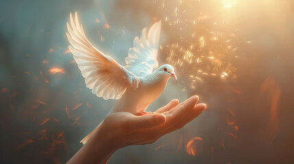 A white dove lifts off from a human hand, bathed in warm sunlight amidst a flurry of glowing particles, symbolizing peace and freedom.
