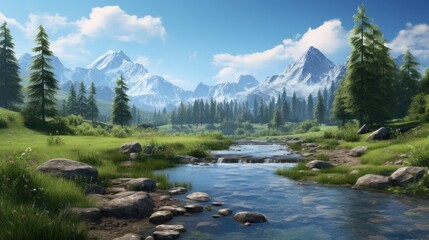 Obraz premium Serene mountain landscape with flowing river and lush forest