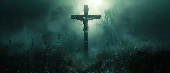 An eerie depiction of a monster hanging on a cross, surrounded by an ominous atmosphere 8K , high-resolution, ultra HD,up32K HD - obrazy, fototapety, plakaty