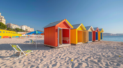 Naklejka premium A row of colorful beach huts with alternating red, yellow, and blue doors lined up on sandy beachfront under a clear blue sky, with deck chairs nearby.