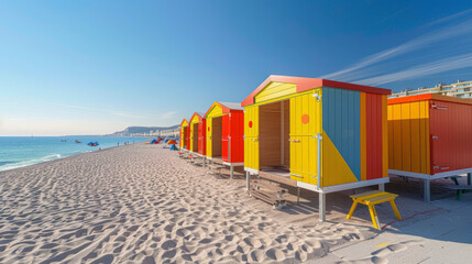 Naklejka premium Colorful beach huts line the sandy shore with a clear blue sky overhead, offering a vibrant contrast and a cheerful beachside atmosphere.