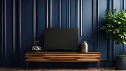  Living room with cabinet for tv on dark blue color wall background 
