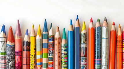 a colorful array of various types of pencils and crayons arranged in a skyline-like formation against a white background - obrazy, fototapety, plakaty