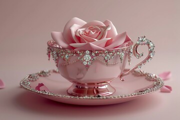 A 3D illustration of a cup adorned with a pink rose and diamonds 8K , high-resolution, ultra HD,up32K HD - obrazy, fototapety, plakaty