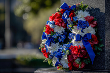 Patriotic Floral Wreath on a Memorial Monument