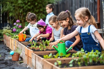 A group of happy children planting seeds in raised garden beds.