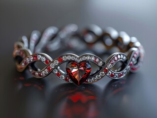 A beautifully crafted 3D rendering of a diamond bracelet, highlighted by a striking red heart 8K , high-resolution, ultra HD,up32K HD - obrazy, fototapety, plakaty