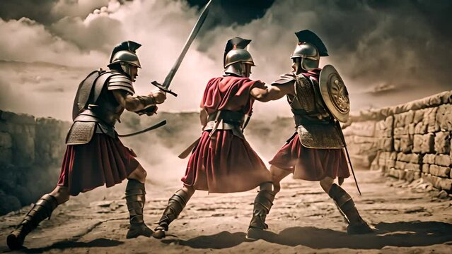 Group of Men in Roman Armor Holding Swords Generative AI