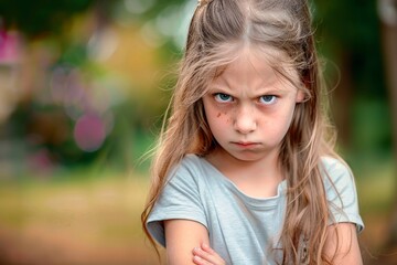 A very unhappy young girl being angry looking at you.