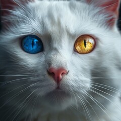 A cat portrayed with astonishing realism, showing off its white fur and unique eyes one yellow right eye and one blue left eye 8K , high-resolution, ultra HD,up32K HD - obrazy, fototapety, plakaty