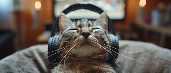 A cat wearing headphones and listening to music on a MP3 player 8K , high-resolution, ultra HD,up32K HD - obrazy, fototapety, plakaty