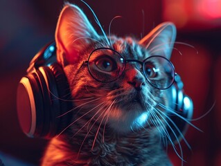 A cat with headphones, enjoying music from a portable MP3 player 8K , high-resolution, ultra HD,up32K HD