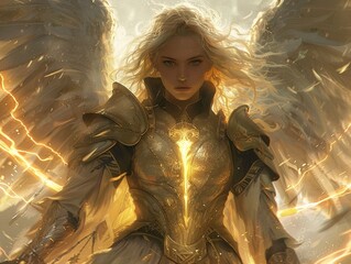 A fierce warrior with blonde hair and wings, surrounded by crackling yellow lightning 8K , high-resolution, ultra HD,up32K HD - obrazy, fototapety, plakaty