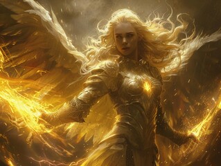 A powerful warrior with blonde hair and wings, casting yellow lightning bolts 8K , high-resolution, ultra HD,up32K HD - obrazy, fototapety, plakaty