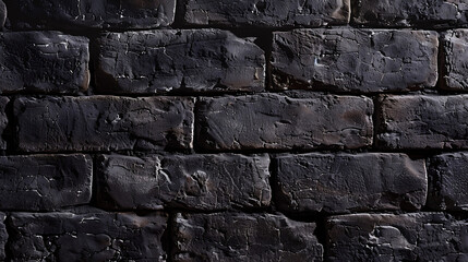 a close-up view of a dark, textured brick wall. The bricks appear to be uniformly colored and shaped, with no visible mortar between them - obrazy, fototapety, plakaty