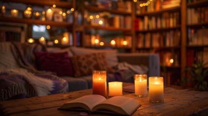 The scent of vanilla and lavender wafts through the air emanating from the array of candles tered around the reading nook. 2d flat cartoon.