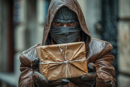 man with a mask holding a mysterious box, hinting at secrets concealed within.