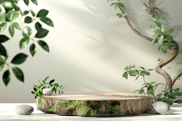 Wood podium with green leaves and natural stones. Abstract podium for organic cosmetic products. Natural stand for presentation and exhibitions. Front view - generative ai