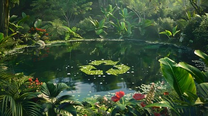 A lake in the shape of a recycling sign in the middle of untouched nature. An ecological metaphor for ecological waste management and a sustainable and economical lifestyle. 3d rendering