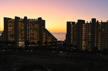 Modern building at the beach during the night (Algarrobo, Chile)