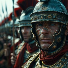 A group of noble Roman legionnaires stands proudly in formation, clad in gleaming armor and ready for battle.