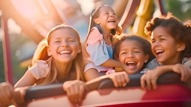 Group of Young Girls Riding on Top of Roller Coaster Generative AI