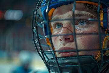 young man, dressed in a hockey helmet, looks directly at the camera with determination in his eyes.