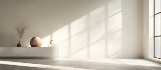 Product presentation takes place in a white studio setting with a window casting shadows, offering an empty room for showcasing products against a blurred backdrop.