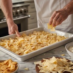a white ceramic baking sheet with tortilla chips