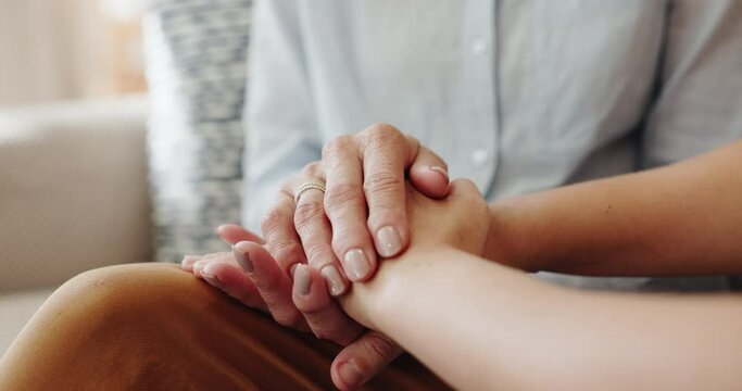 Senior, woman and child with holding hands for support with rehab, sympathy or compassion in retirement. Elderly, patient or family friend with kindness, comfort and trust with homecare visit closeup