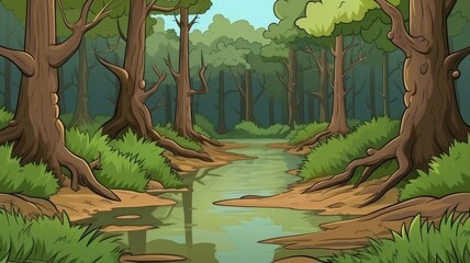 Serene cartoon illustration of a lush forest pond surrounded by verdant trees and foliage