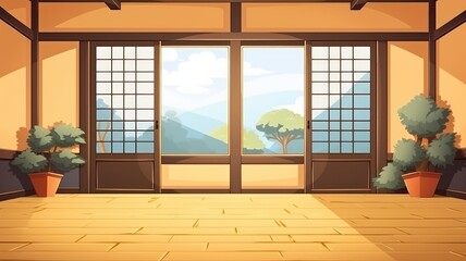 Tranquil cartoon illustration of a traditional Japanese dojo room, bathed in the warm glow of sunset