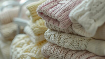 A display of handknitted designer baby clothes featuring soft and delicate yarns suitable for a newborns delicate skin.