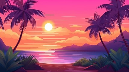 Cartoon illustration of a tranquil coastal road at sunset, framed by silhouetted palm trees against a vibrant sky