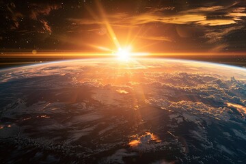Sunrise view of the planet Earth from space with the sun setting over the horizon - generative ai